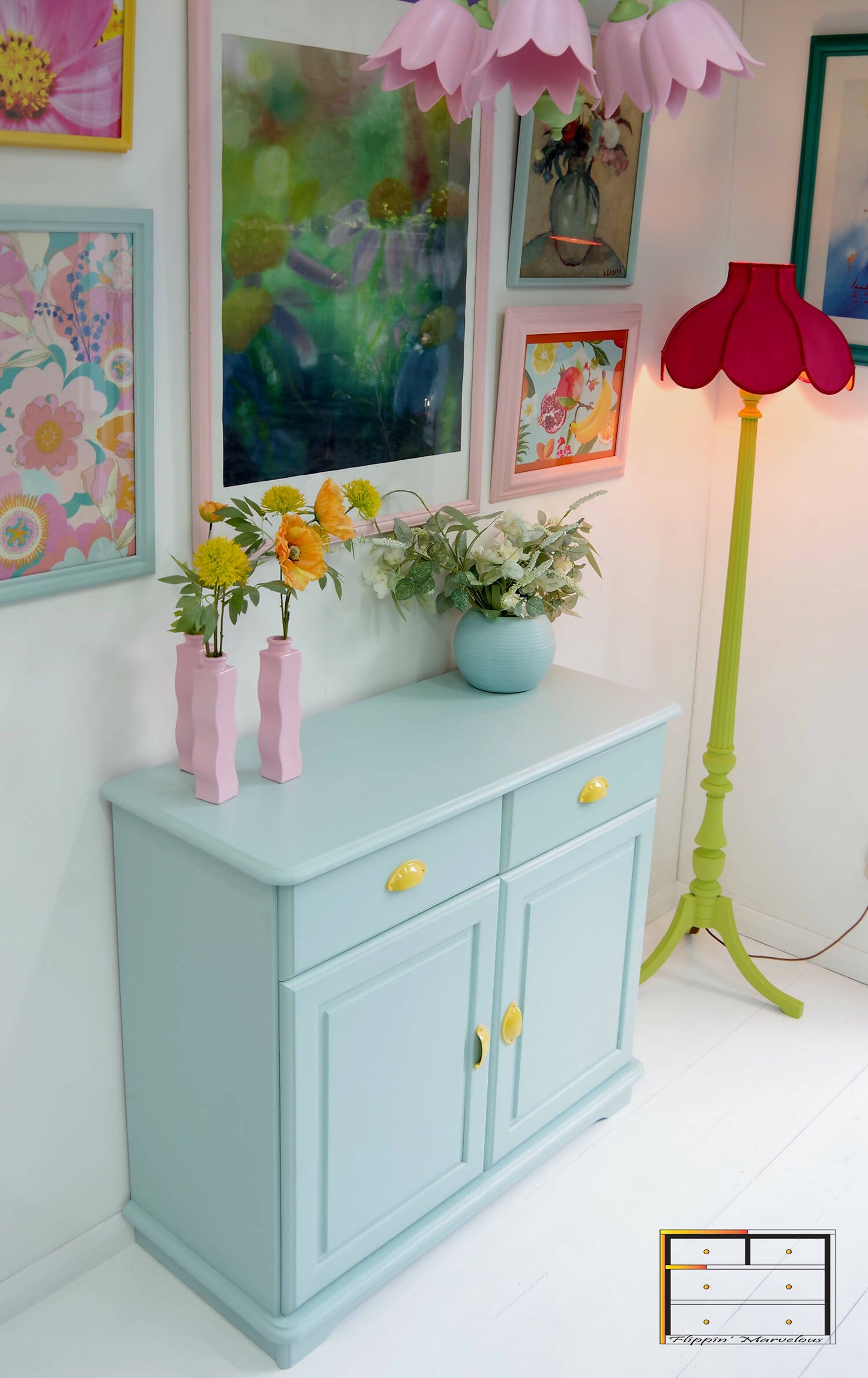 Vintage Pine Retro Sideboard, Teal Kitchen Cupboard Tropical Interior, 1970s Pastel Dopamine Decor Storage Unit, Yellow Cup Handles