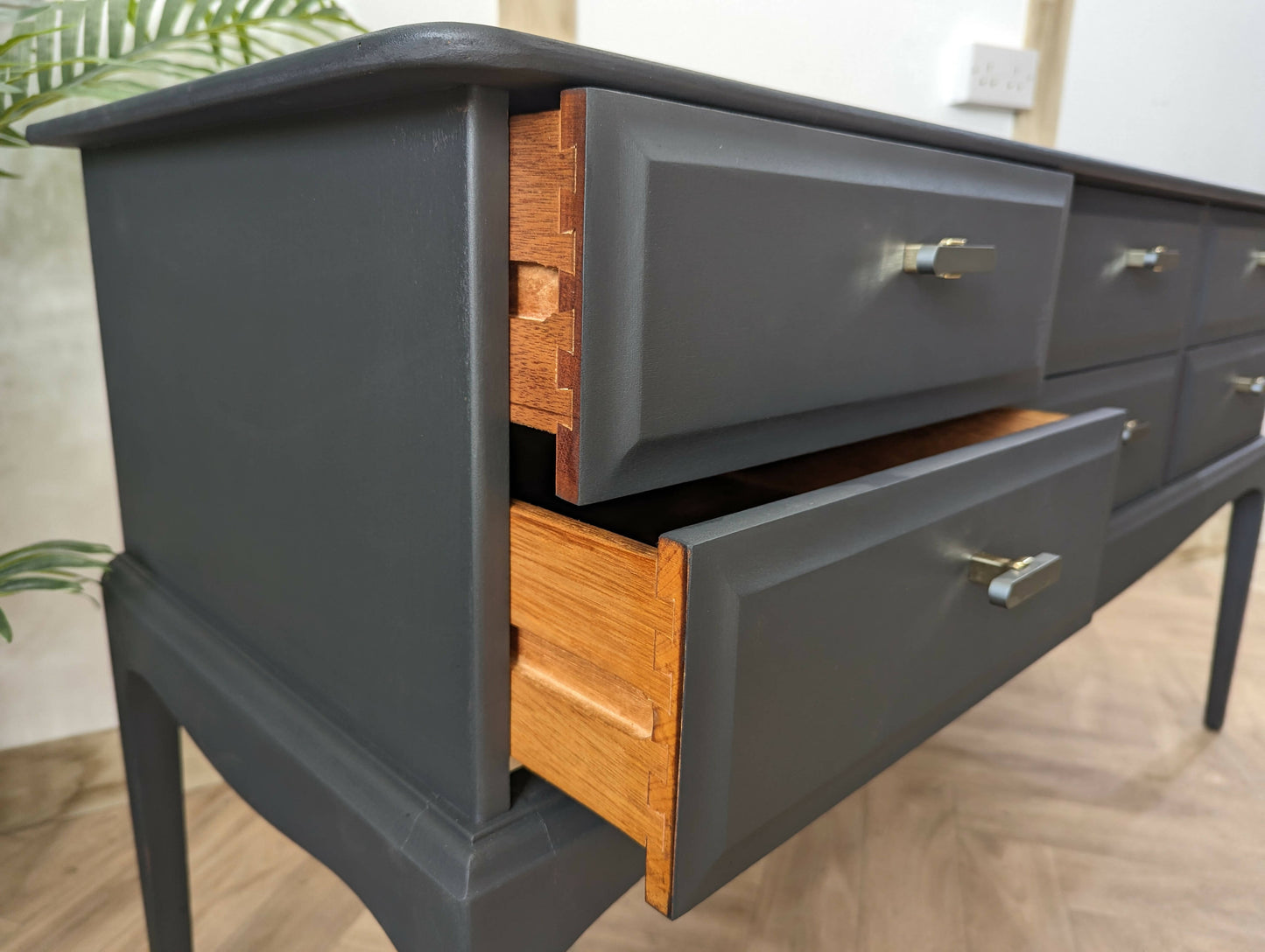 Stag minstrel black grey sideboard, spray painted retro console table, wood 6 drawers chest of drawers, dressing table