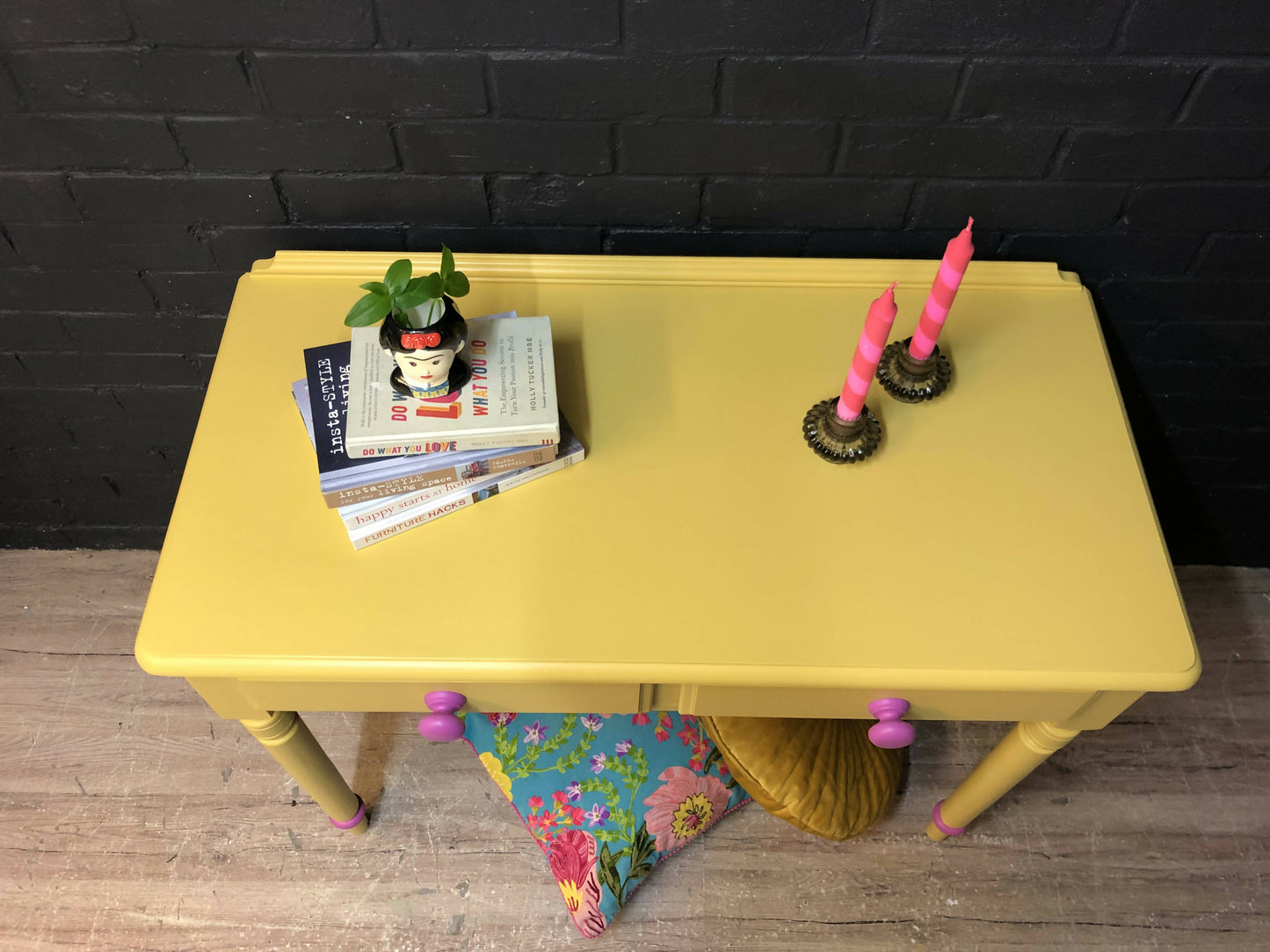 MADE TO ORDER: Yellow and pink console/hallway table/desk, with floral paper drawer lining