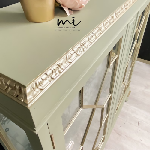 Made To Order - Vintage display cabinet, glass, pale sage green and gold. Drinks cocktail cabinet, sideboard, cupboard - commissions available