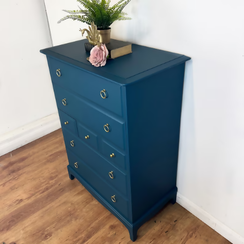 Deep teal vintage Stag Minstrel Tallboy chest of drawers, blue green, dresser, draws, upcycled, refurbished