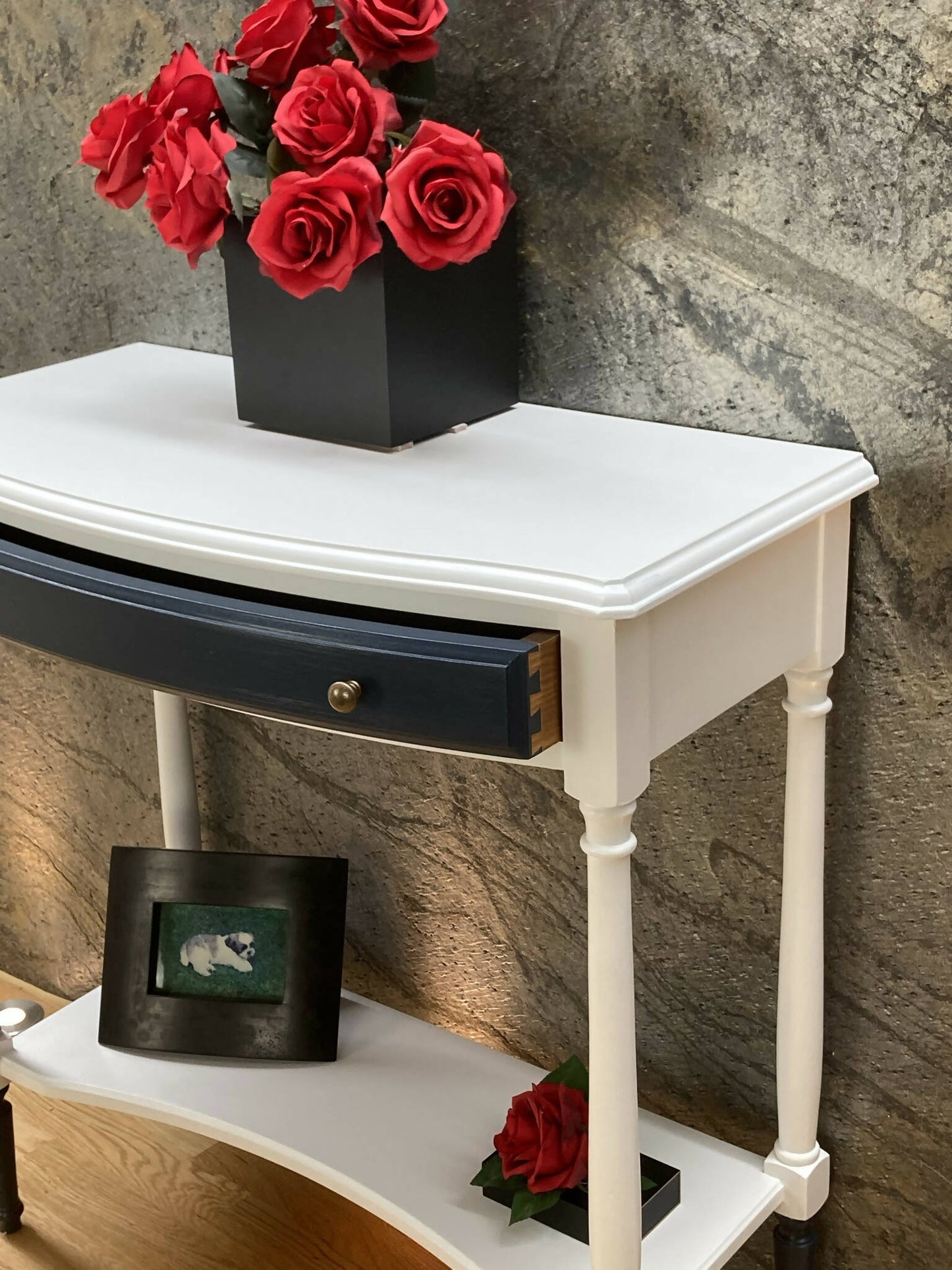 Vintage console table. Hallway table hand painted in Wise Owl Enamel colours white and navy (Eliza)