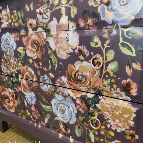 Pretty Stag Minstrel Chest Of Drawers, deep purple with floral design, large bedside table, sideboard, maximalist - commission available