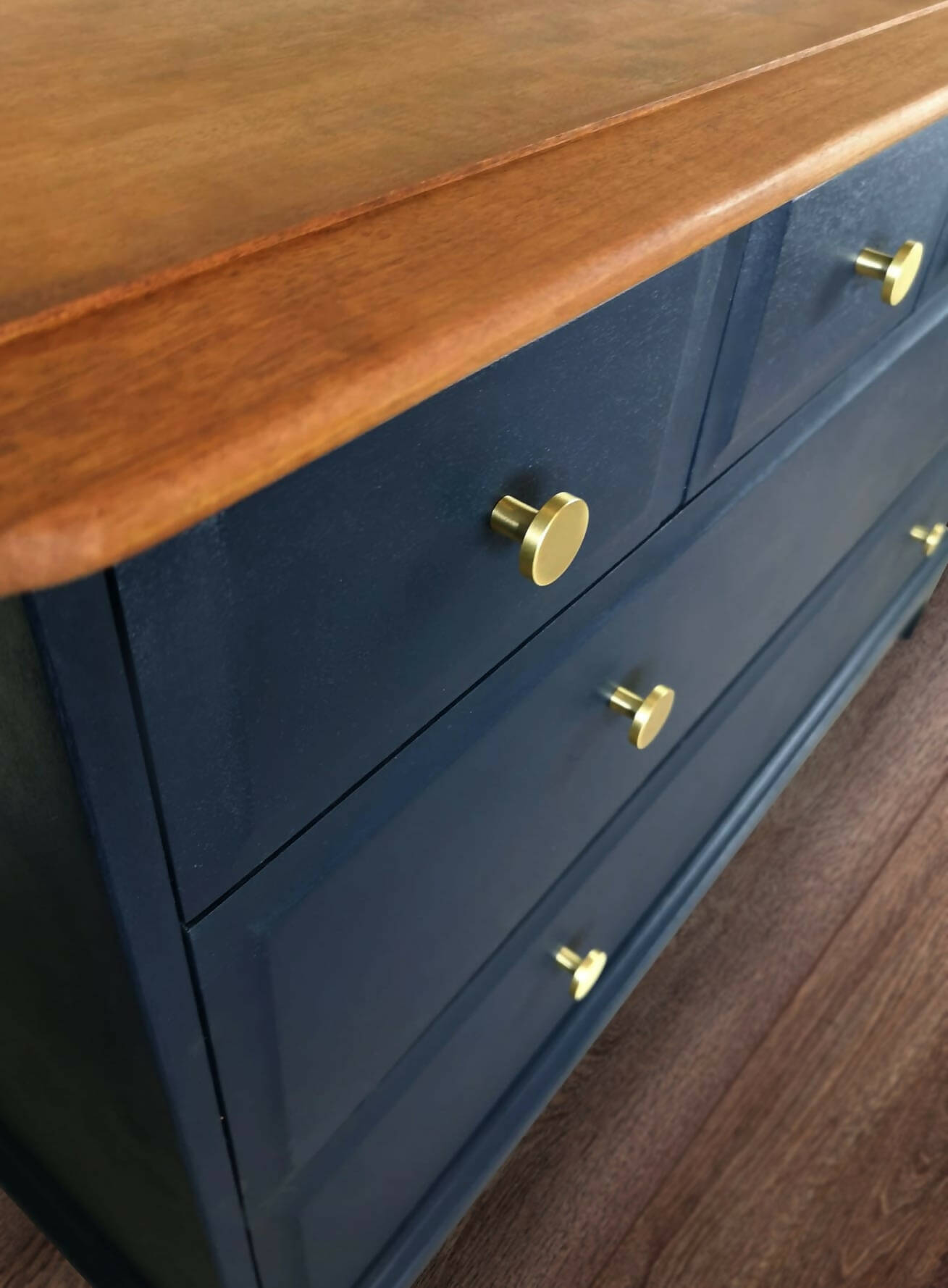 Stag 4/2 chest of drawers. 6 drawer painted navy blue with stripped wood top.