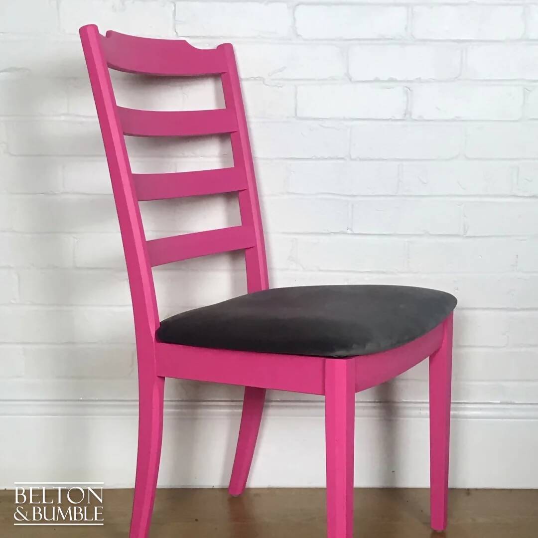 Bright Pink Single G Plan Chair with Grey Velvet Seat.