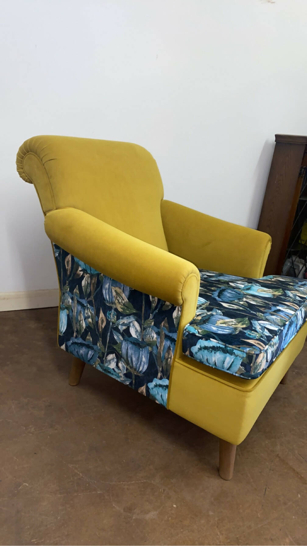 Ochre velvet floral reupholstered Armchair