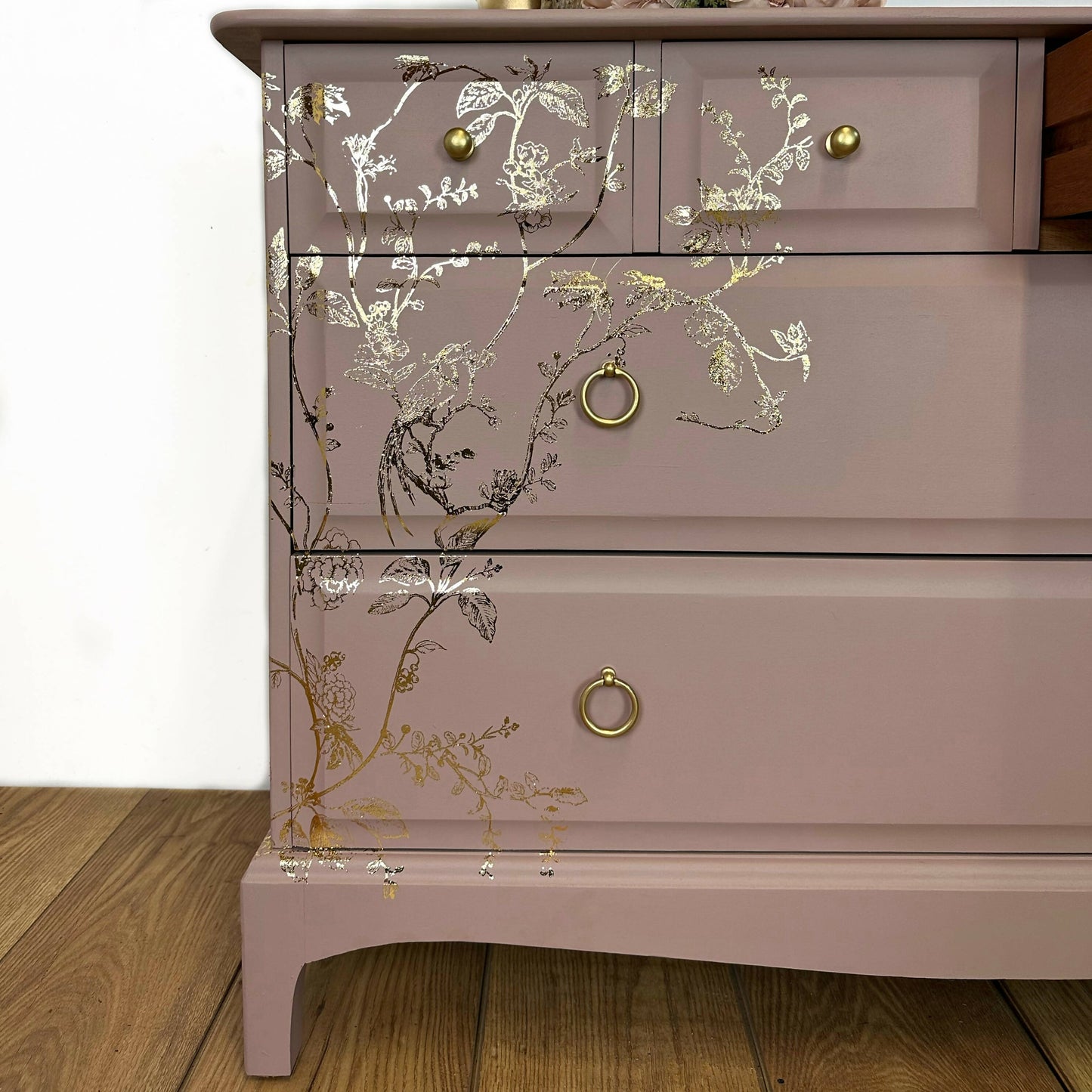 MADE TO ORDER Pretty dusky pink Stag Minstrel Chest of Drawers with gold bird song design, vintage, dresser, blossom, mcm, sideboard