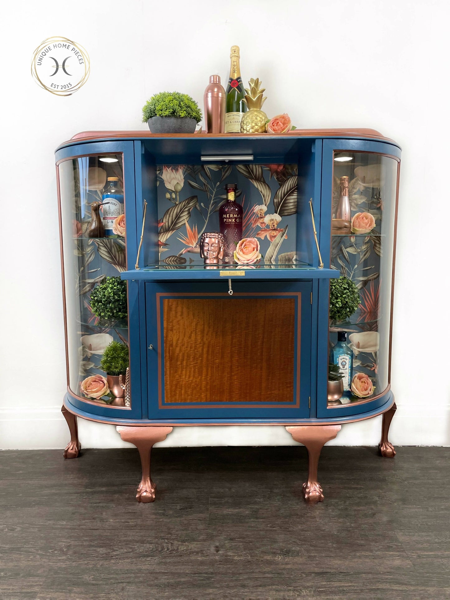 Art Deco Style Cocktail Cabinet, Blue Display Cabinet, China Cabinet