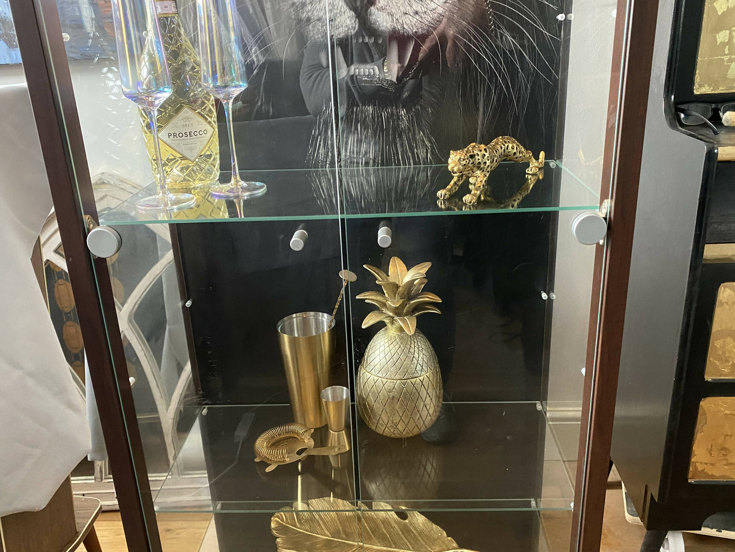 Vintage Glass and Metal ‘Lion’ display/Drinks Cabinet
