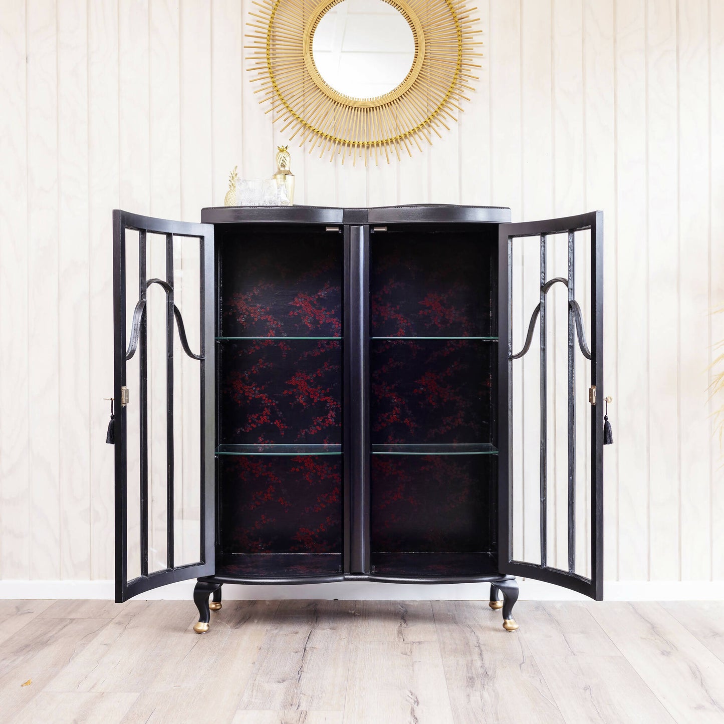 An exquisite vintage cocktail cabinet decoupaged in a subtle blend of black and red Japanese blossom fabric. Sold, commission available.