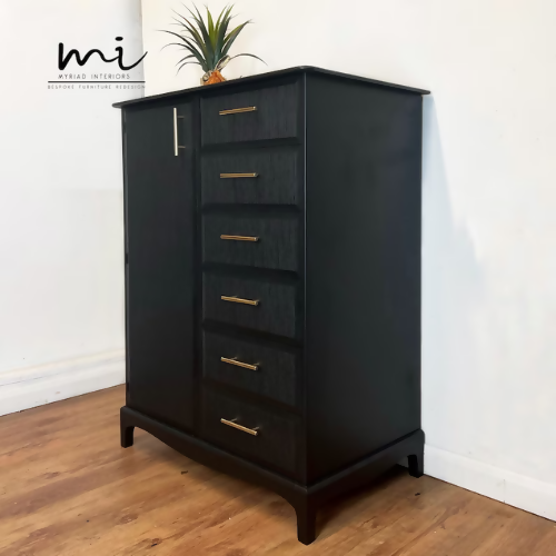 Refurbished vintage stag minstrel wardrobe, dresser, drawers, upcycled, black, gold, decoupage