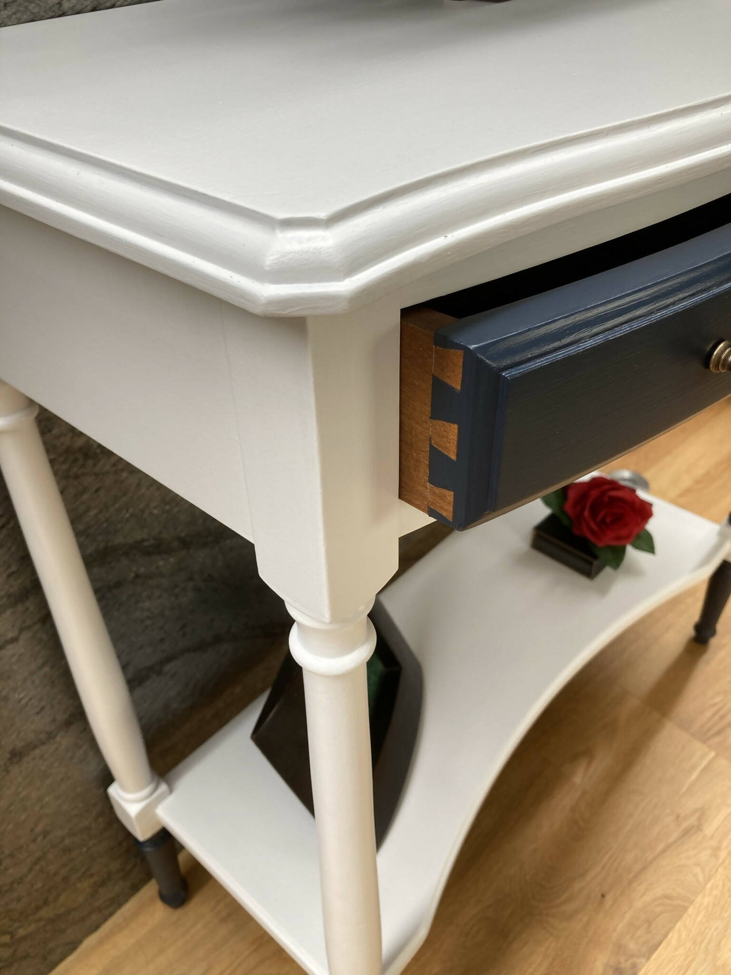 Vintage console table. Hallway table hand painted in Wise Owl Enamel colours white and navy (Eliza)