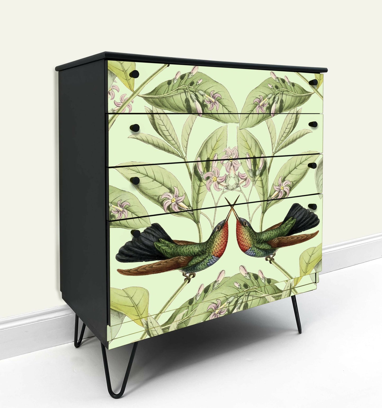Vintage chest of drawer painted black refinished with bespoke vintage bird design. Hairpin legs and metal knobs. Upcycled vintage chest of drawer painted black