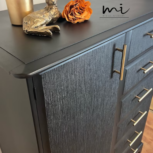 Refurbished vintage stag minstrel wardrobe, dresser, drawers, upcycled, black, gold, decoupage