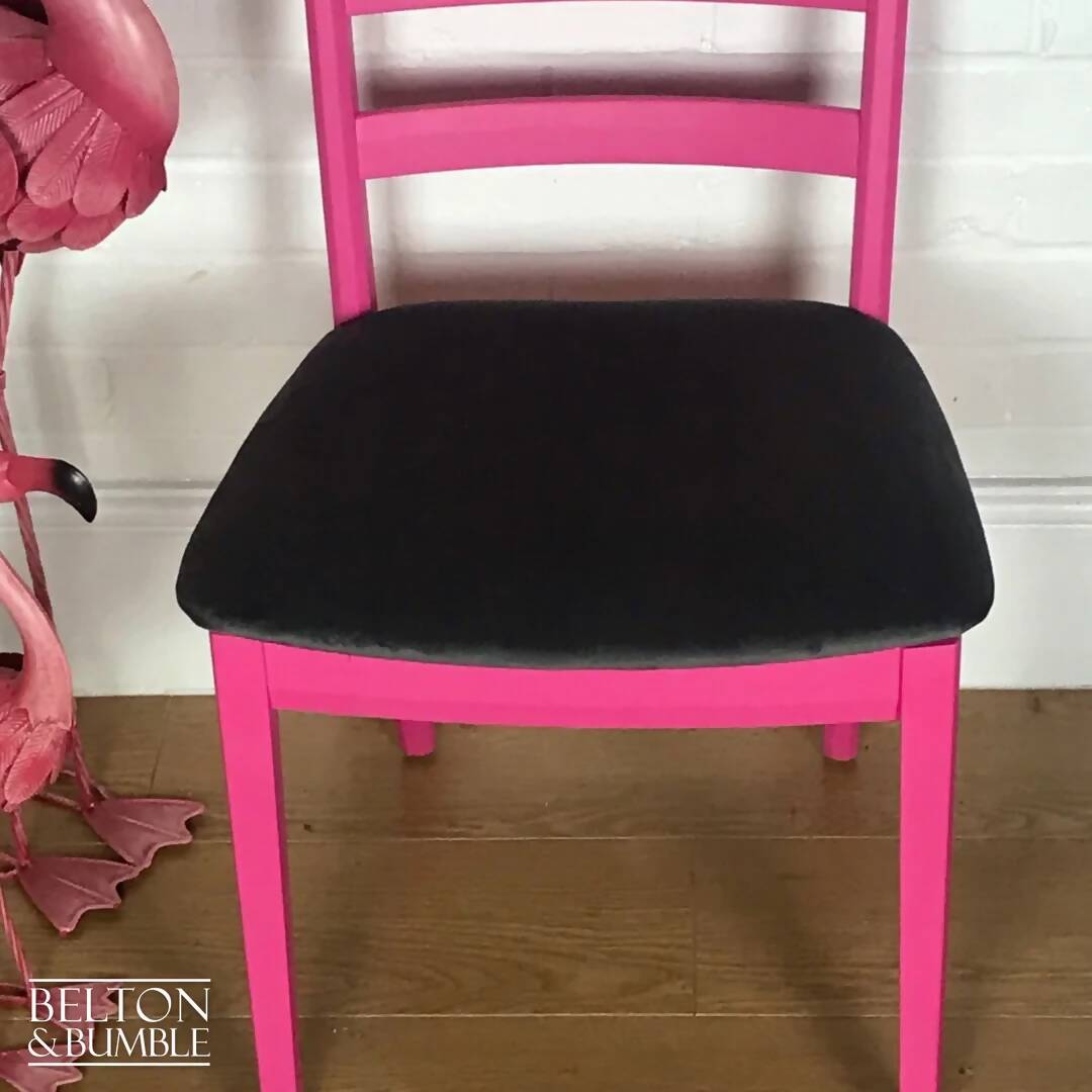Bright Pink Single G Plan Chair with Grey Velvet Seat.