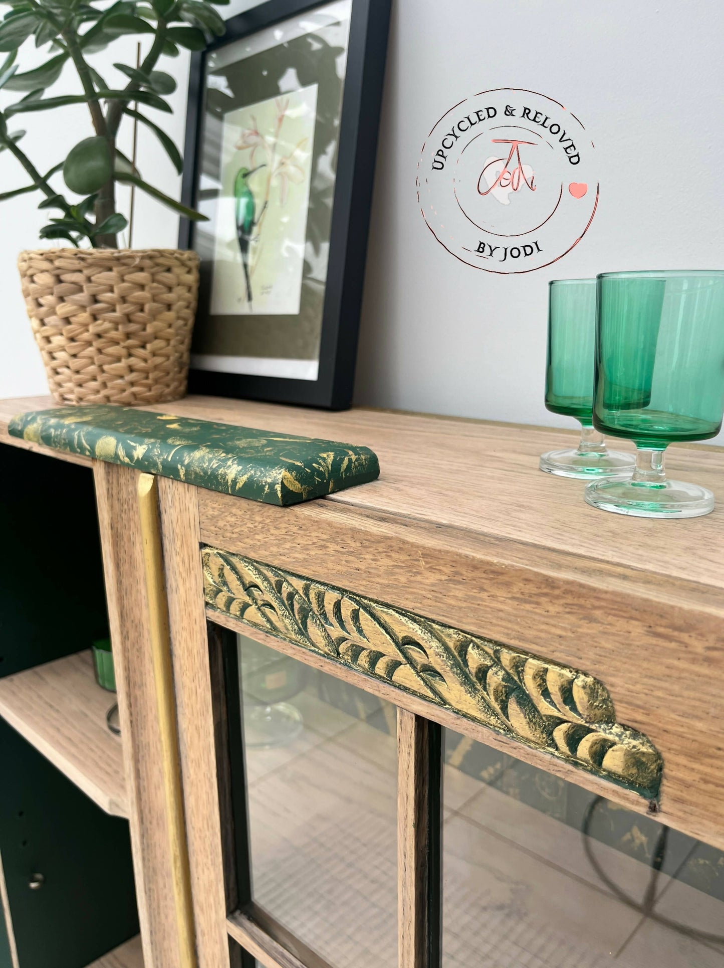 SOLD! Commissions available: Light Oak Cocktail Cabinet with stunning green & gold interior