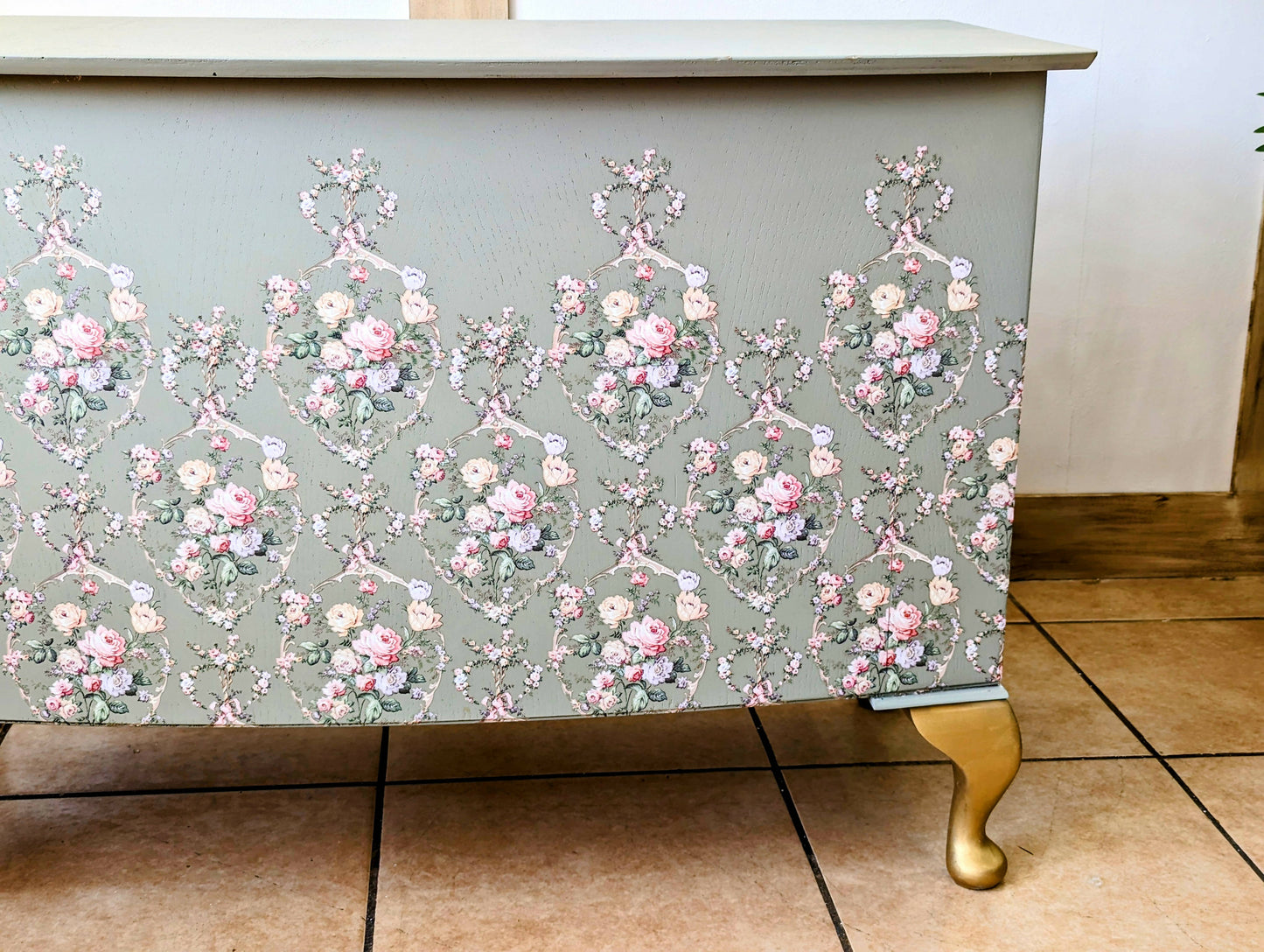 Vintage upcycled floral green and gold blanket box, Queen Anne legs storage chest, french style Ottoman