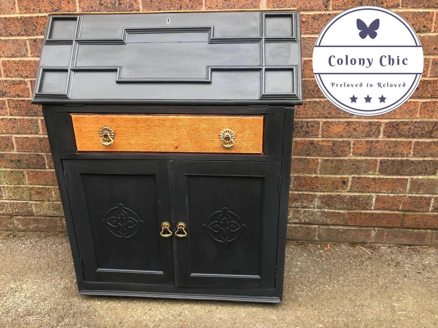 Small Vintage Writing Bureau Handpainted in Dusky Black