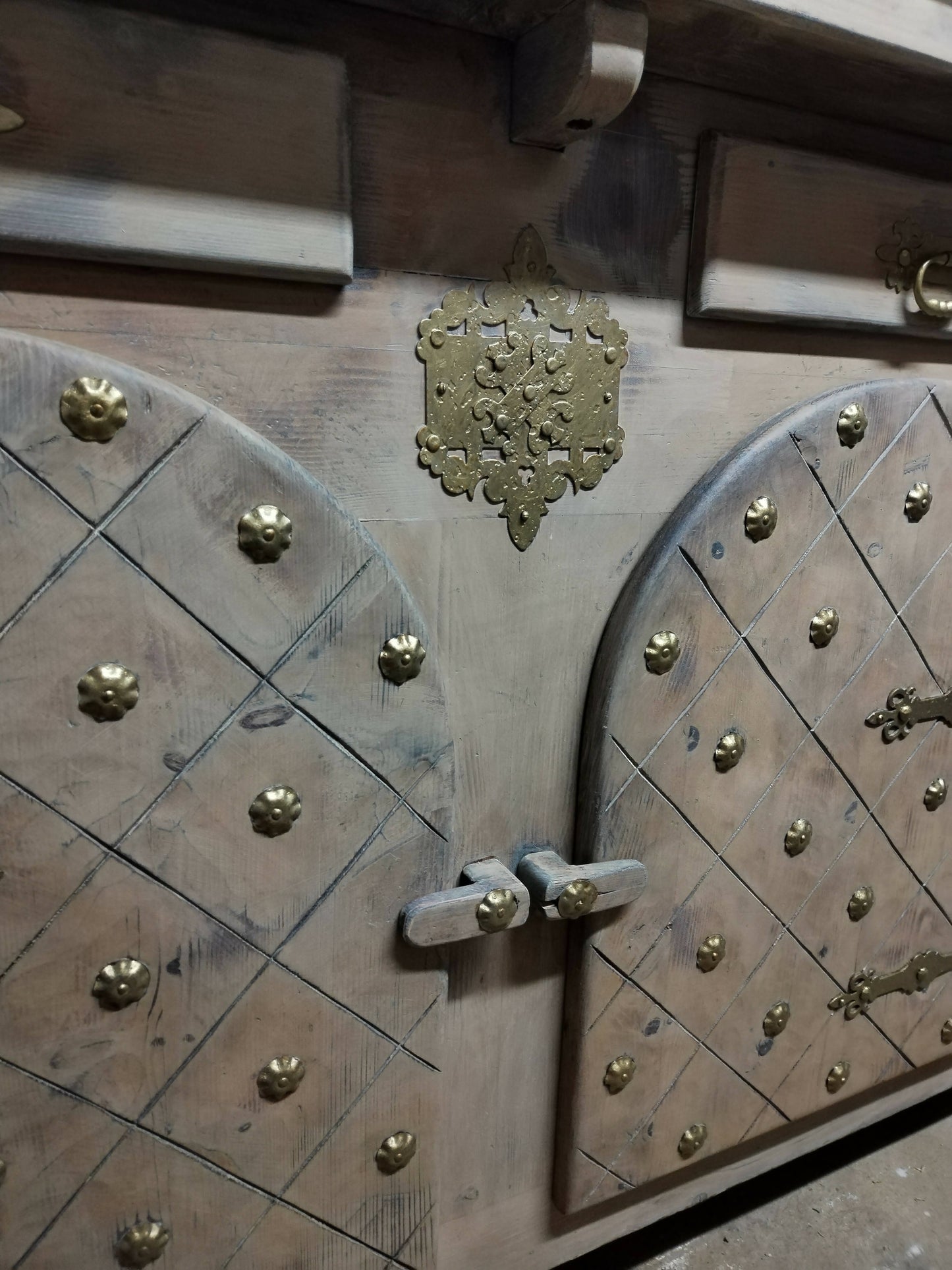 Long Antique Credenza sideboard Arched Doors and Decorative Nailheads limewash whitewash