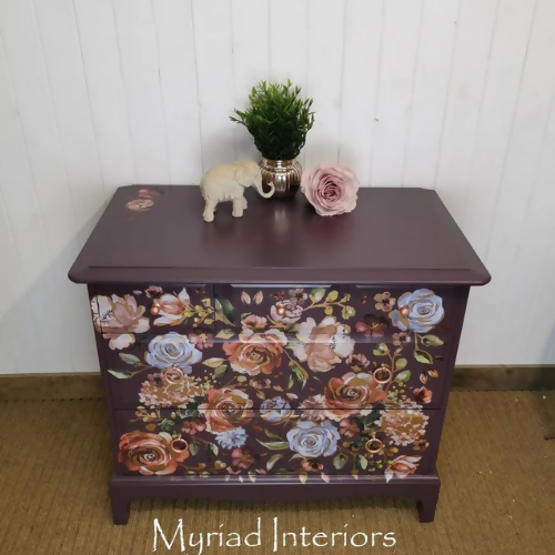 Pretty Stag Minstrel Chest Of Drawers, deep purple with floral design, large bedside table, sideboard, maximalist - commission available