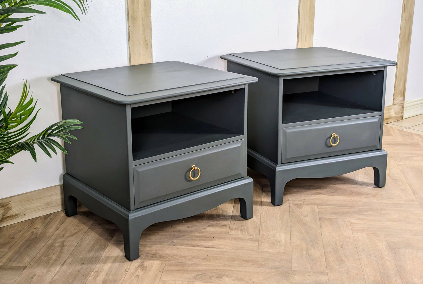 Stag Bedside Tables, spray painted Dark Green Gold bedside drawers, Stag Minstrel nightstands