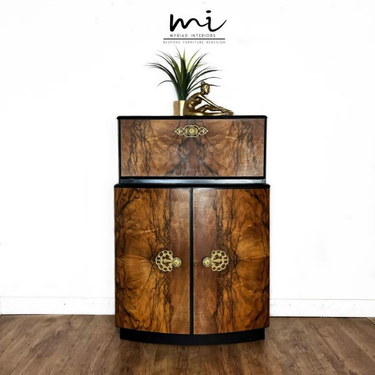 SOLD commissions available Art Deco refurbished cocktail cabinet, walnut drinks cabinet, black, statement, gin bar, upcycled, vintage - SOLD commissions available