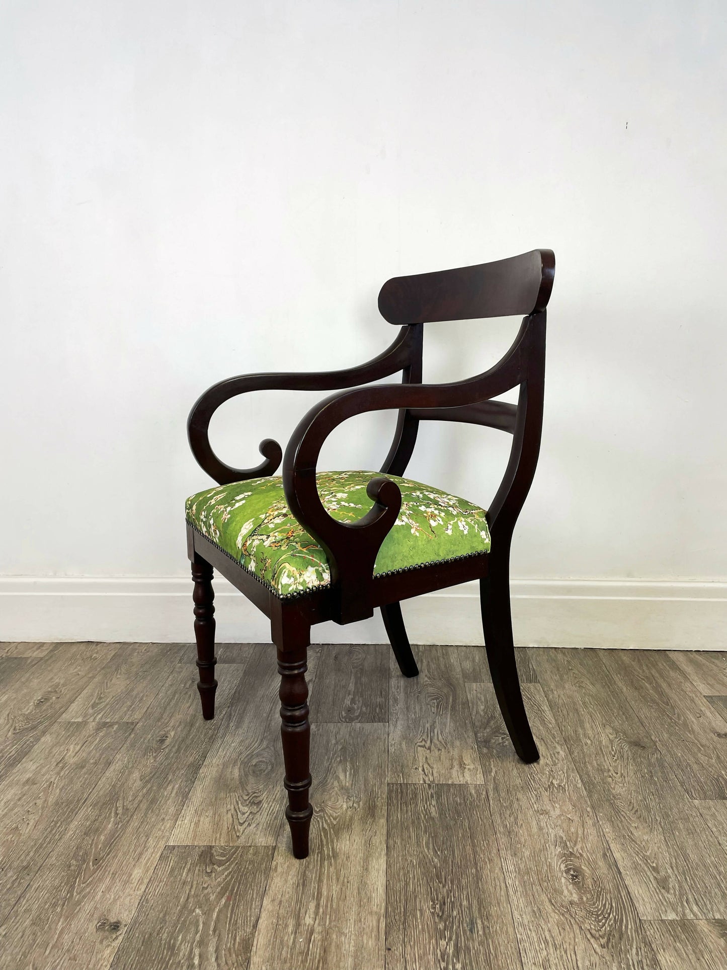 Antique Regency Mahogany Scroll Arm Desk Chair with Green Velvet Seating
