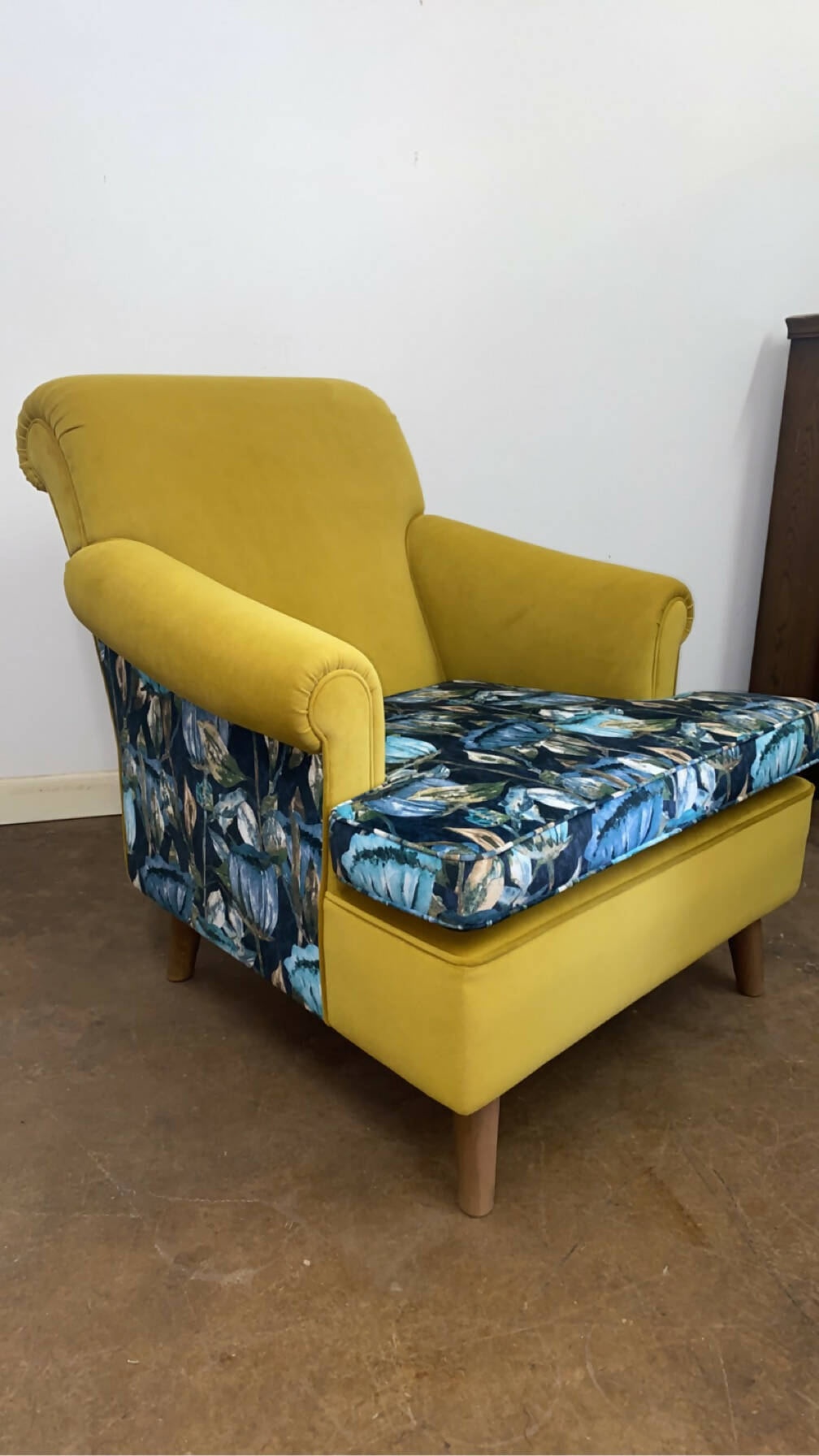 Ochre velvet floral reupholstered Armchair