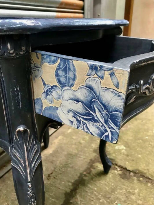 New Mahogany reproduction French bedside cabinet painted in chippy Annie Sloan Chalk Paint