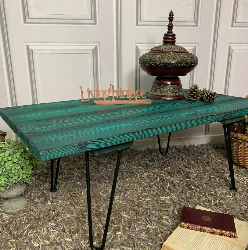Solid Pine Coffee Table with Hairpin Legs Turquoise Charred Wood Yakisugi Technique