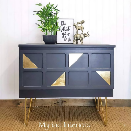 Made To Order - Mid Century Nathan Sideboard, console, cocktail cabinet, storage, cupboard. Dark grey and gold metal leaf, hairpin legs