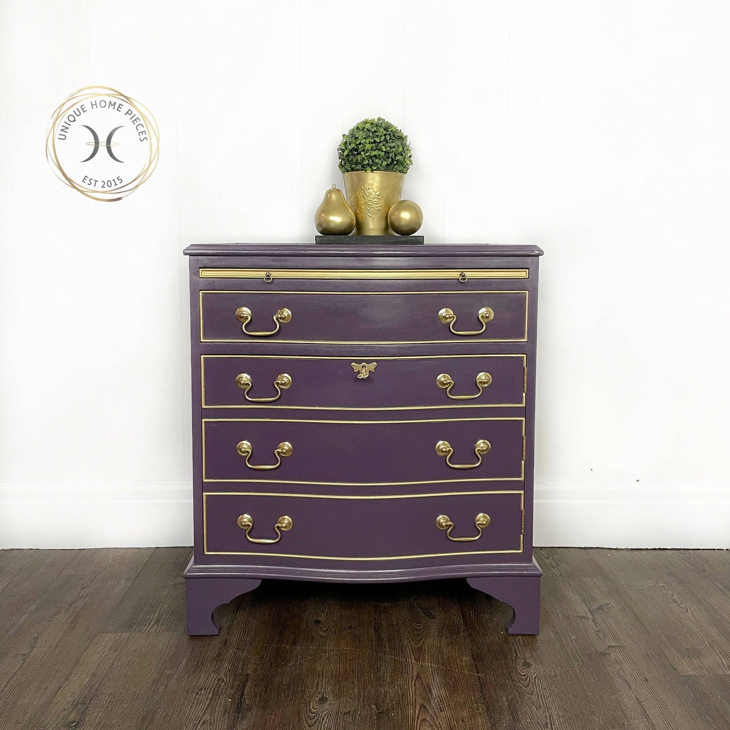 J Sydney Smith Bow Fronted Purple Drinks Cabinet with glass top