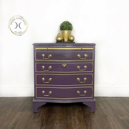 J Sydney Smith Bow Fronted Purple Drinks Cabinet with glass top