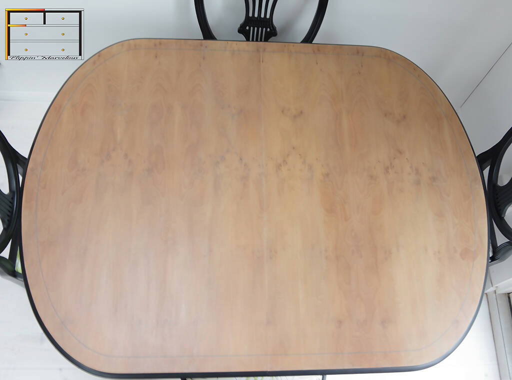 ****** SOLD OUT ****** Vintage Bradley Dining Table and 4 Chairs, Black Yew Table and Four Wheatear Style Chairs. Extending Dining Set Bill Beaumont Floral Seats