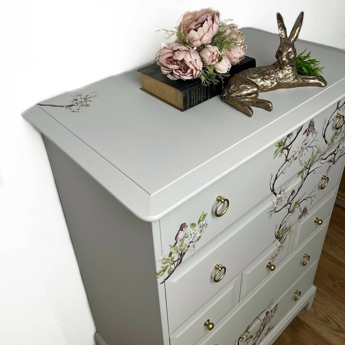 Stag Minstrel Tallboy Chest of Drawers With Blossom and bird design, cream, neutral