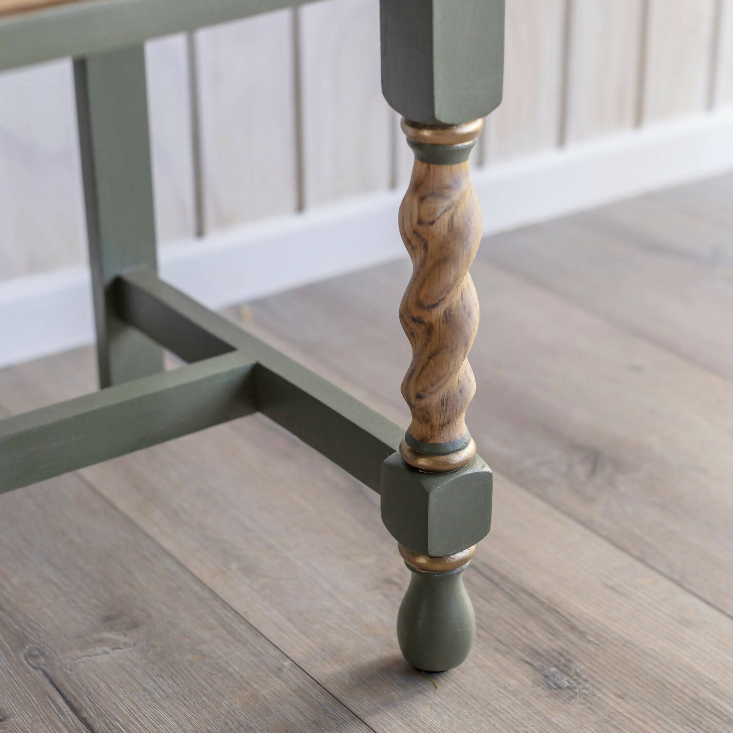 An exceptional vintage sideboard in a unique olive green hue, featuring an oval mirror and decoupaged in original Rockbird fabric. Sold: Commission Available.