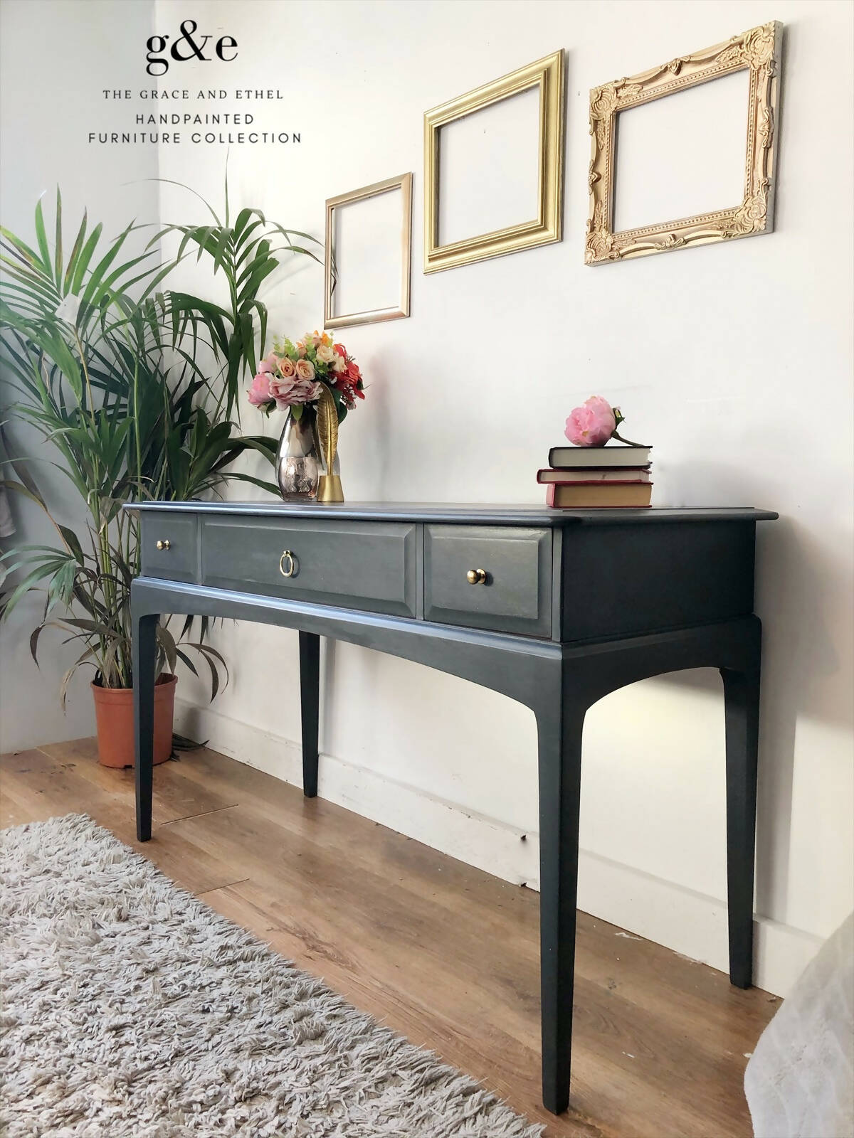 Dark grey stag console table, desk, dressing table