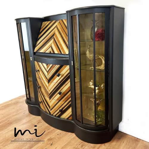 Refurbished vintage cocktail cabinet, black gold chevron, drinks bar, gin, upcycled bureau, sideboard display - commissions available