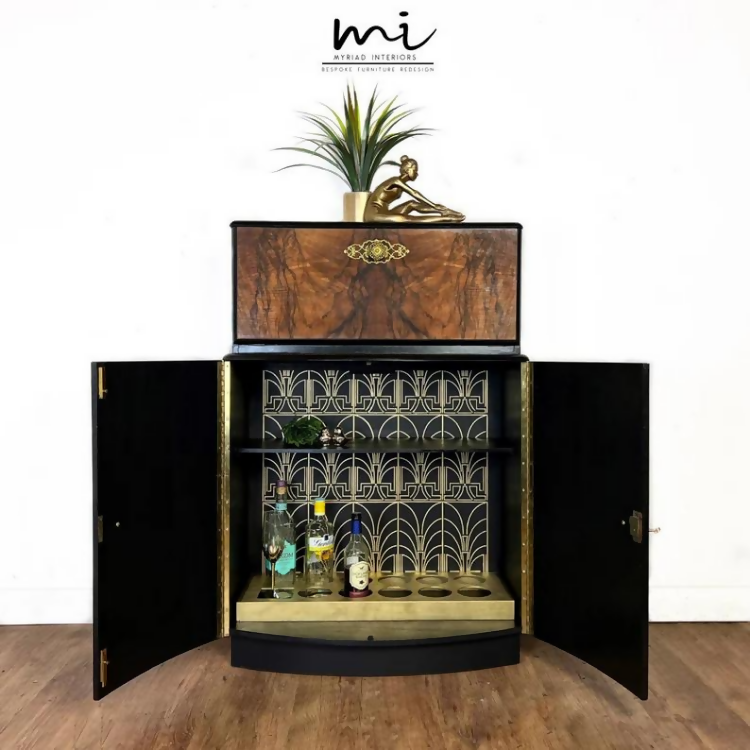 SOLD commissions available Art Deco refurbished cocktail cabinet, walnut drinks cabinet, black, statement, gin bar, upcycled, vintage - SOLD commissions available