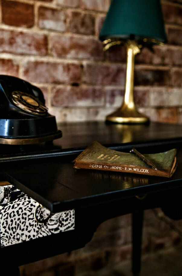 Desk, console table, black, painted, upcycled, decoupage
