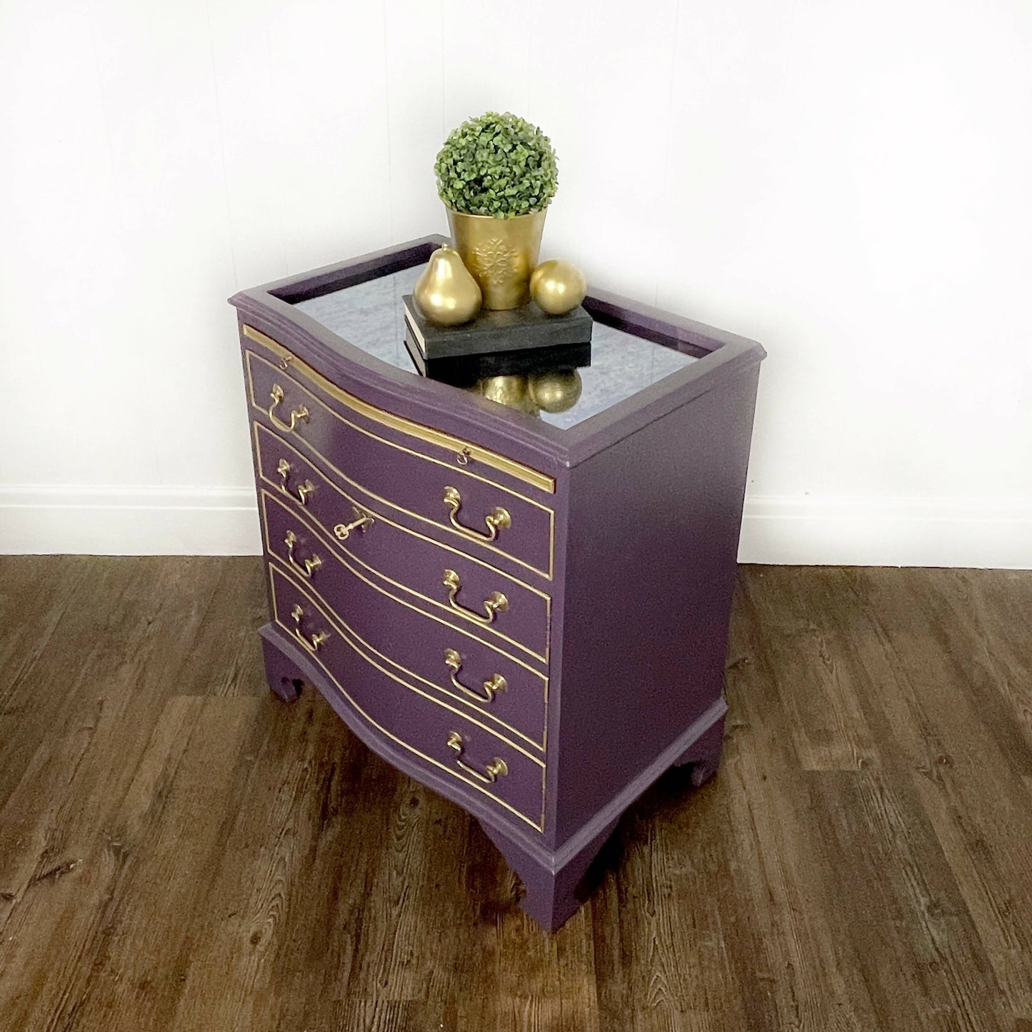 J Sydney Smith Bow Fronted Purple Drinks Cabinet with glass top
