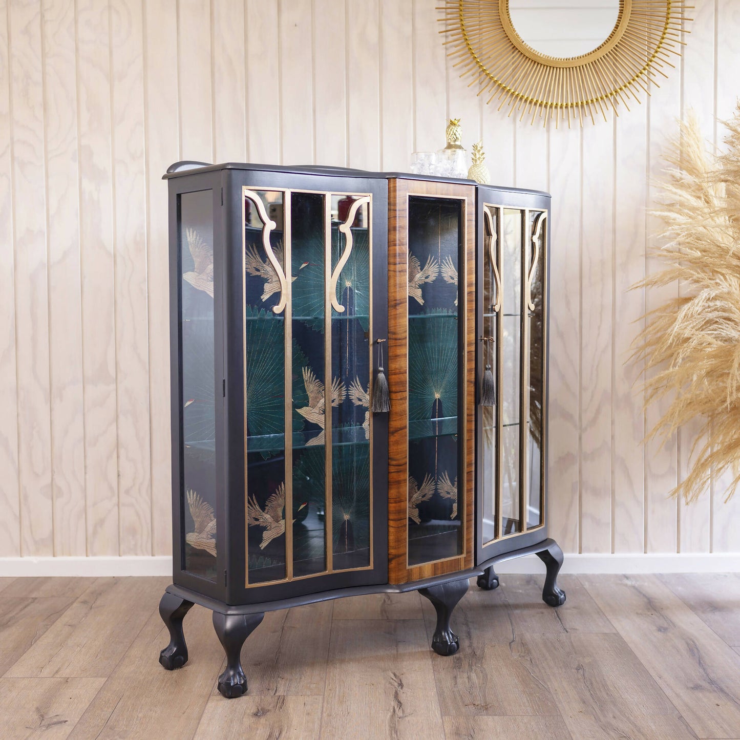 An exquisite vintage drinks cocktail cabinet decoupaged in a striking blend of emerald green and black crane fabric. Sold, commission available.