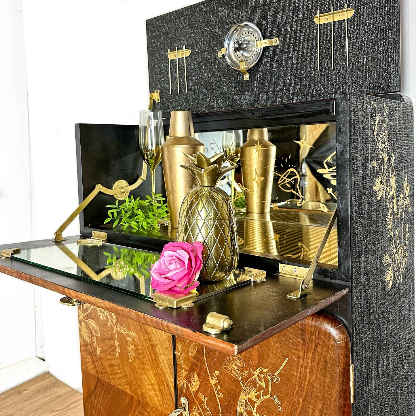 Petit Refurbished art deco cocktail cabinet, vintage black and gold drinks cabinet, birds, sideboard, dresser, gin bar, hand painted,