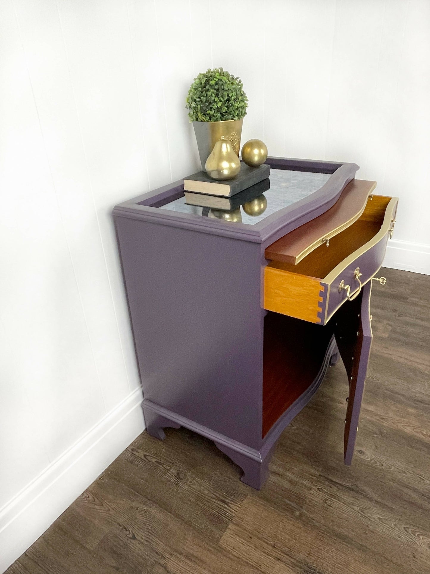 J Sydney Smith Bow Fronted Purple Drinks Cabinet with glass top