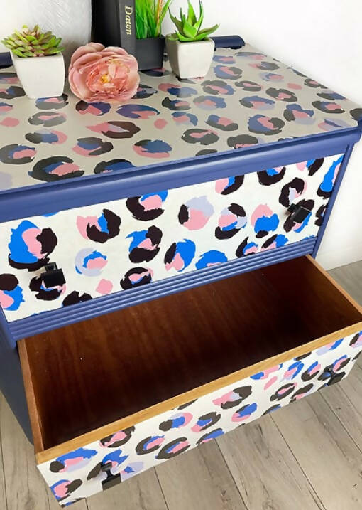 Leopard Print Chest of Drawers in Blue and Pink