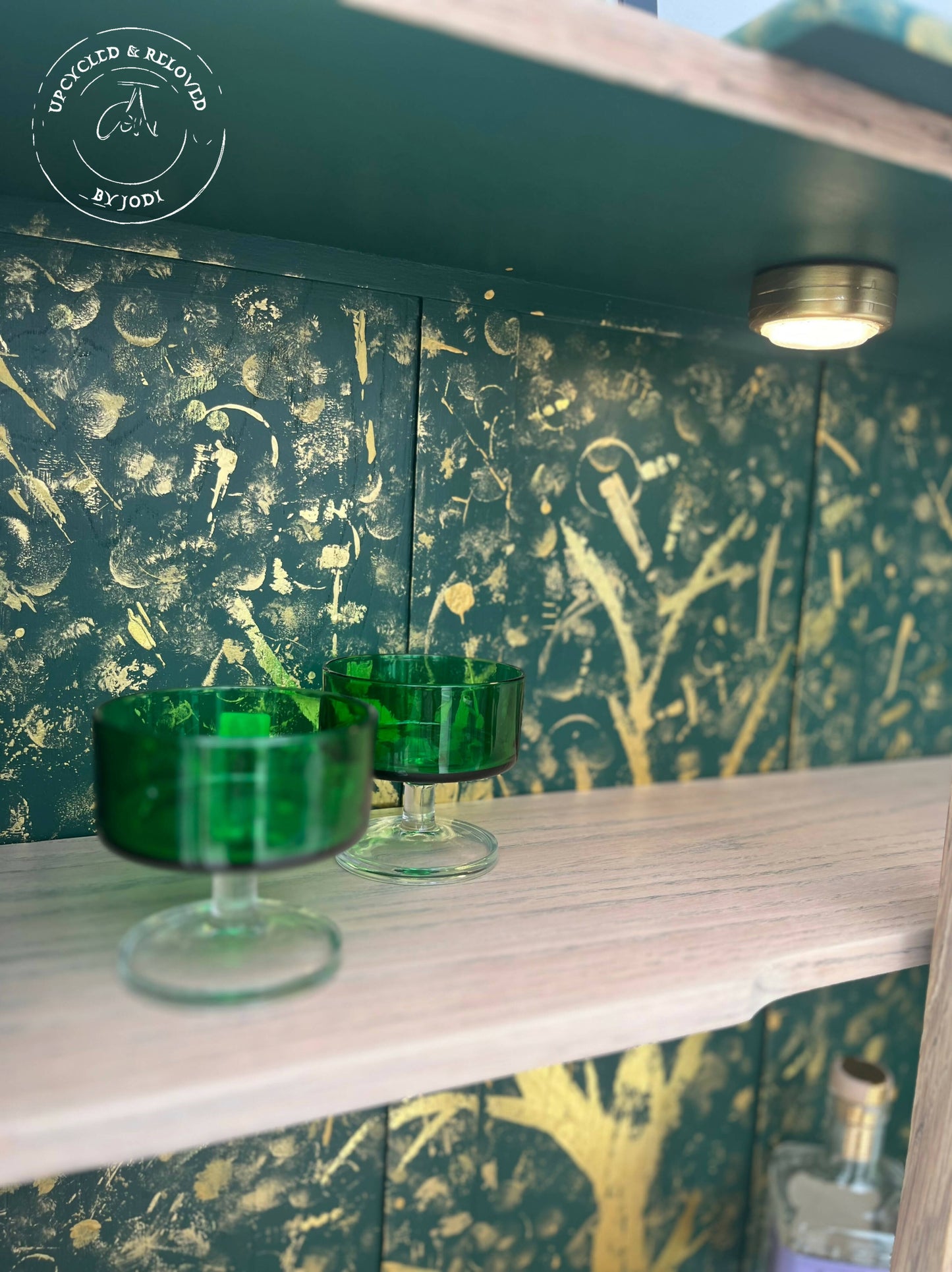 SOLD! Commissions available: Light Oak Cocktail Cabinet with stunning green & gold interior