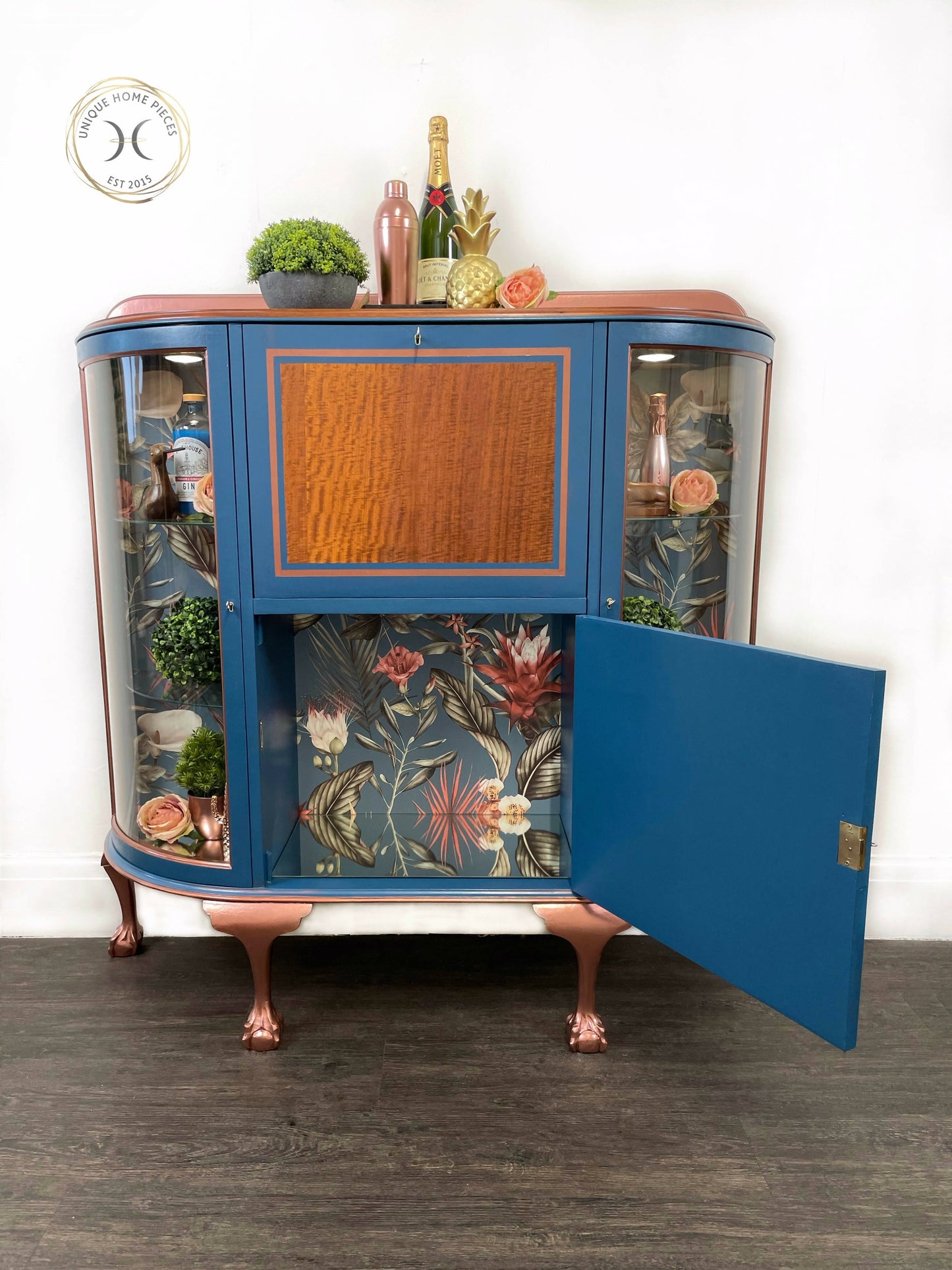 Art Deco Style Cocktail Cabinet, Blue Display Cabinet, China Cabinet
