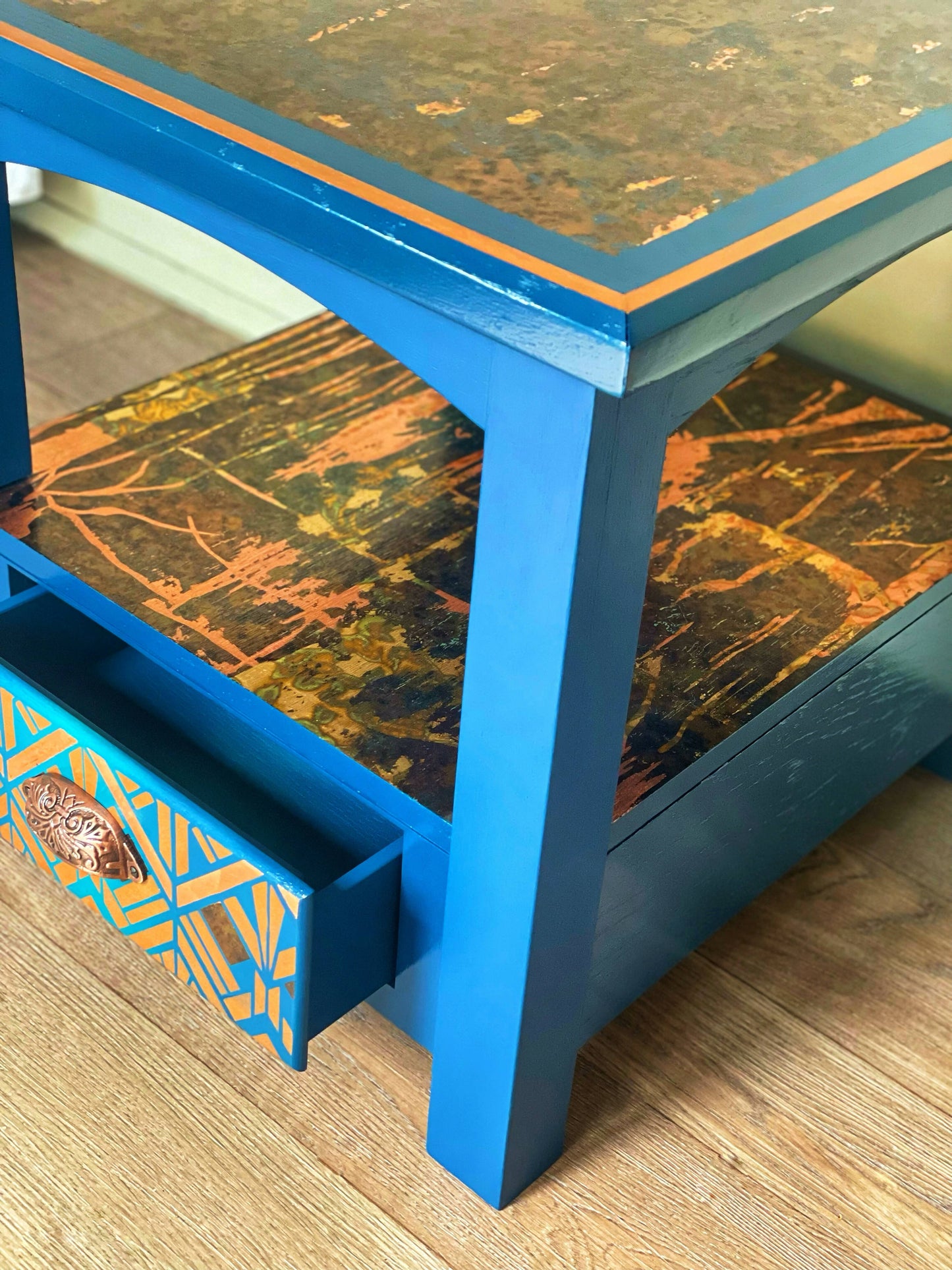 Solid wood square coffee table with drawer and under shelf storage