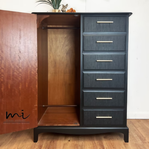 Refurbished vintage stag minstrel wardrobe, dresser, drawers, upcycled, black, gold, decoupage