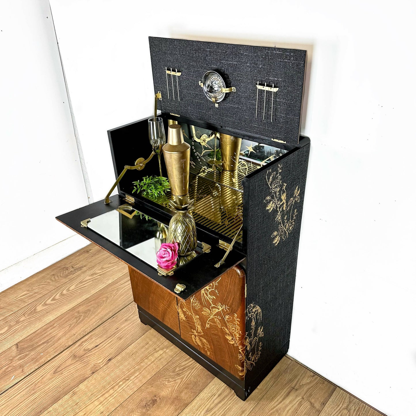Petit Refurbished art deco cocktail cabinet, vintage black and gold drinks cabinet, birds, sideboard, dresser, gin bar, hand painted,